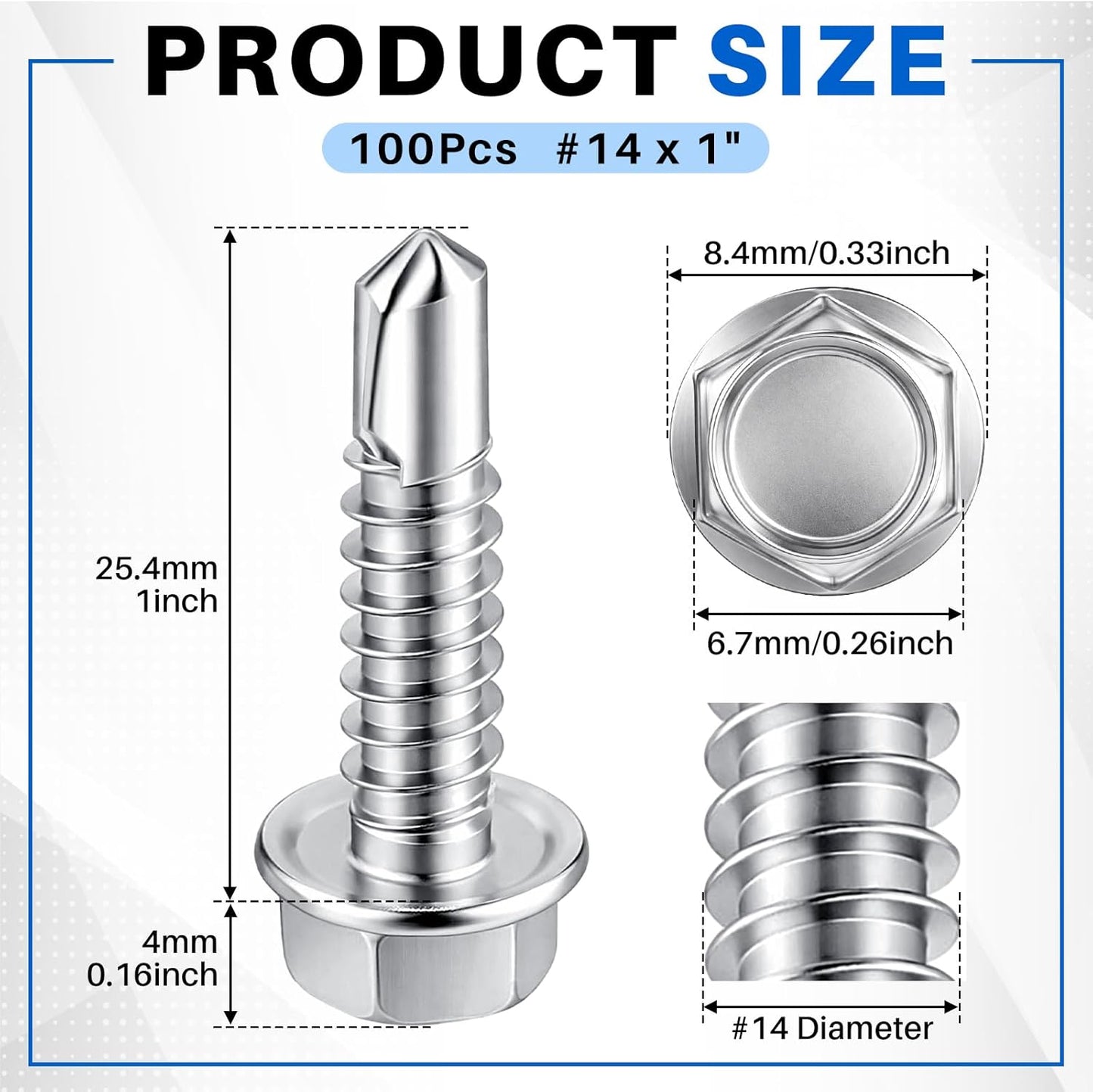 Tornillos auto perforantes acero inox 410 cabeza hex #14x1