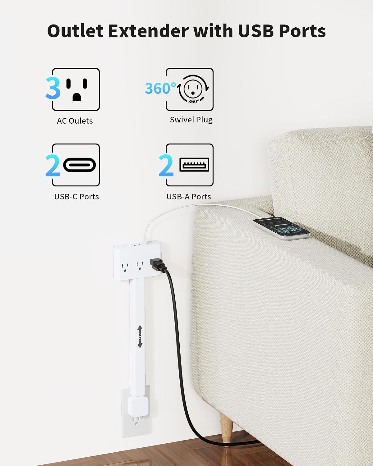 Extensor enchufe pared 3 tomas 4 puertos USB 16-26pulg