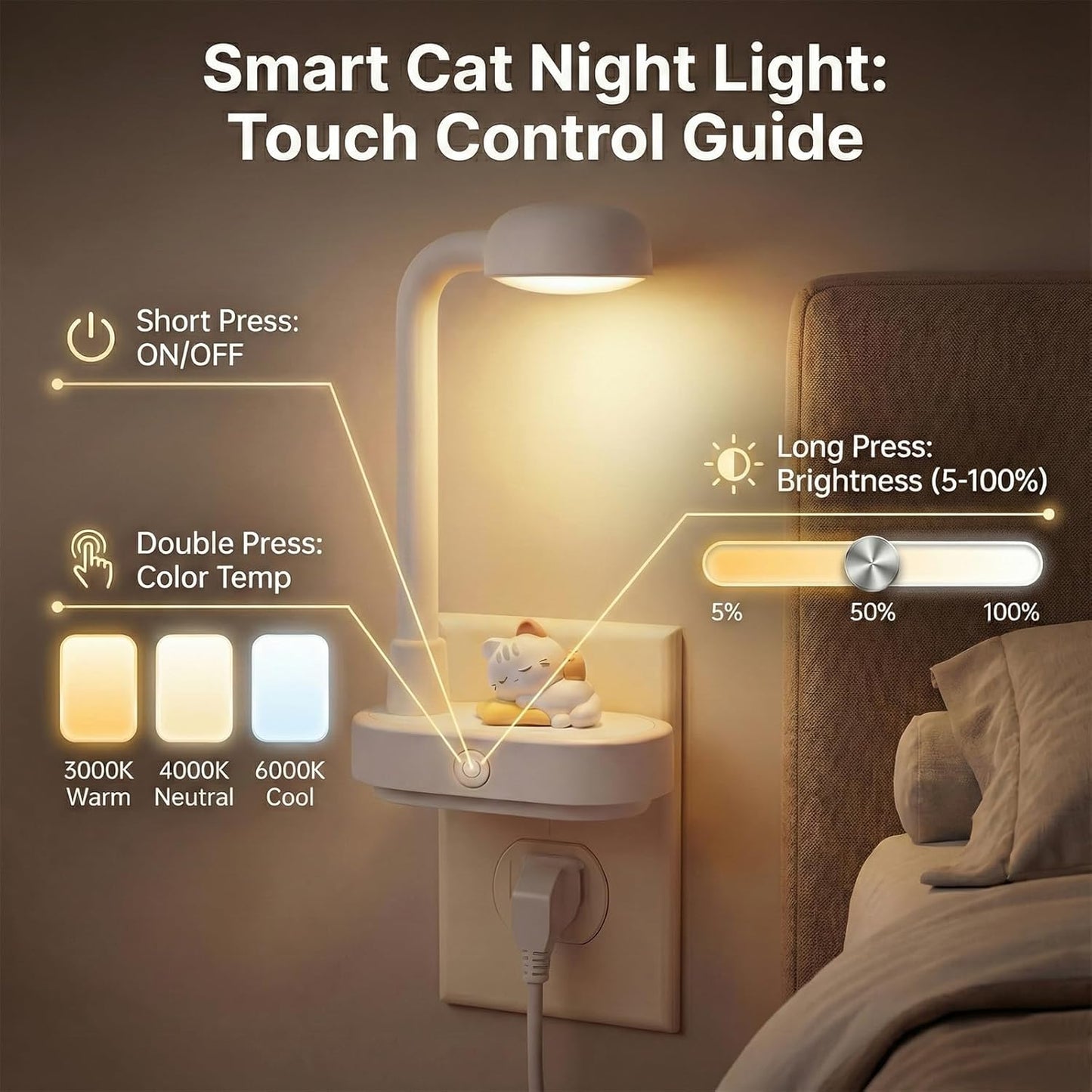 Luz Nocturna LED Regulable 3 Temperaturas Pared Dormitorio