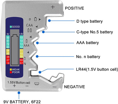 Probador baterías universal LCD para AA AAA C D 9V y botón