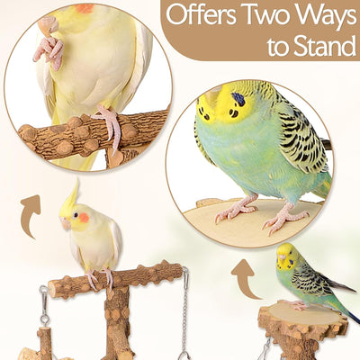 Soporte madera pájaros con tazas y juguetes