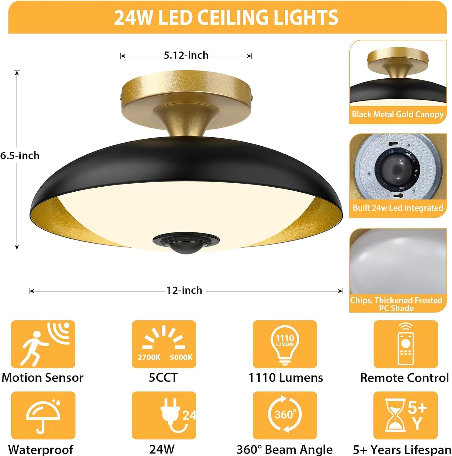 Lámpara techo sensor movimiento LED 24W 12pulg negro