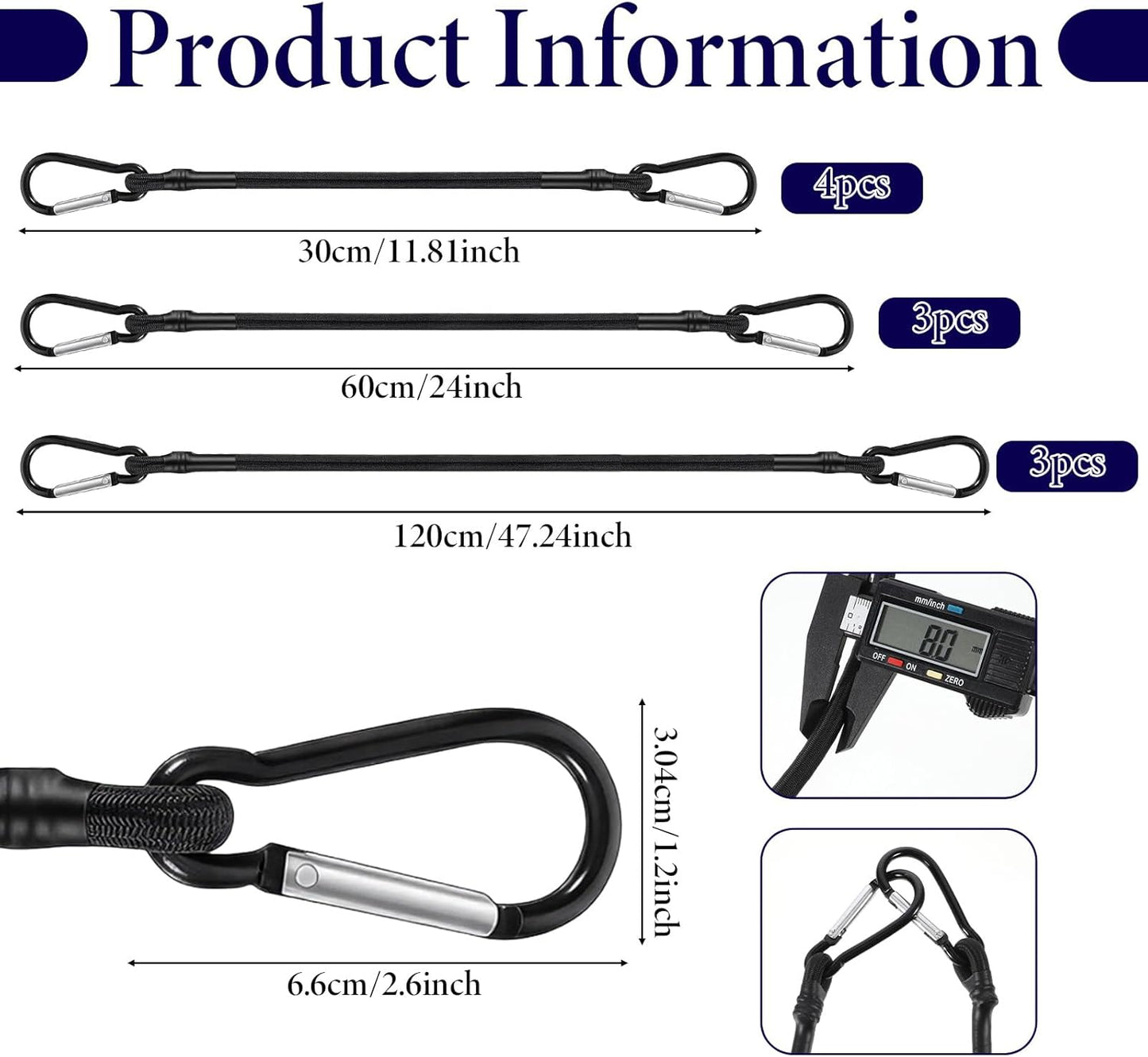 Pack 10 cuerdas elásticas con mosquetón negro resistente UV