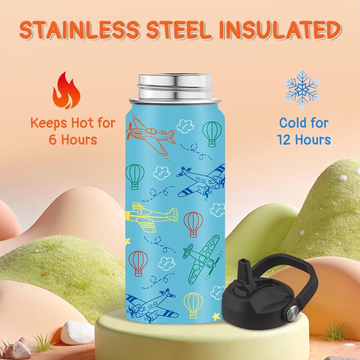 Botella de agua para niños de acero inoxidable 16 oz con popote sin BPA