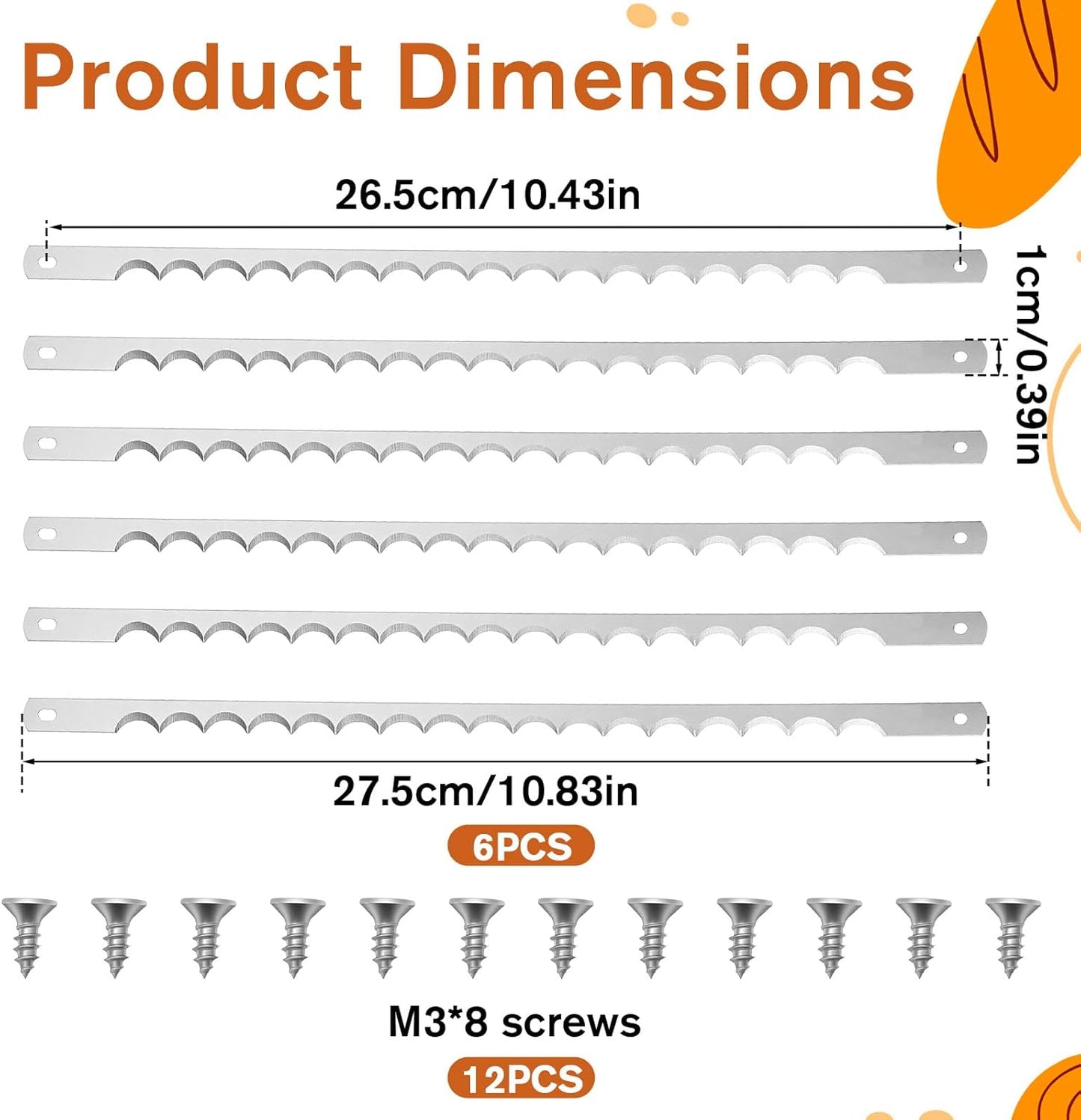 6 cuchillas de acero inoxidable para cuchillo de lazo de pan de 10.8 pulgadas