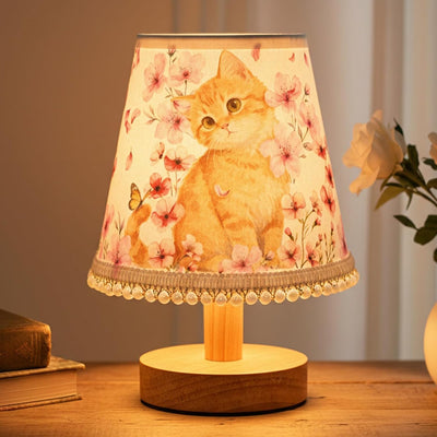 Lámpara Floral Tela Soporte Madera Regalo Gato