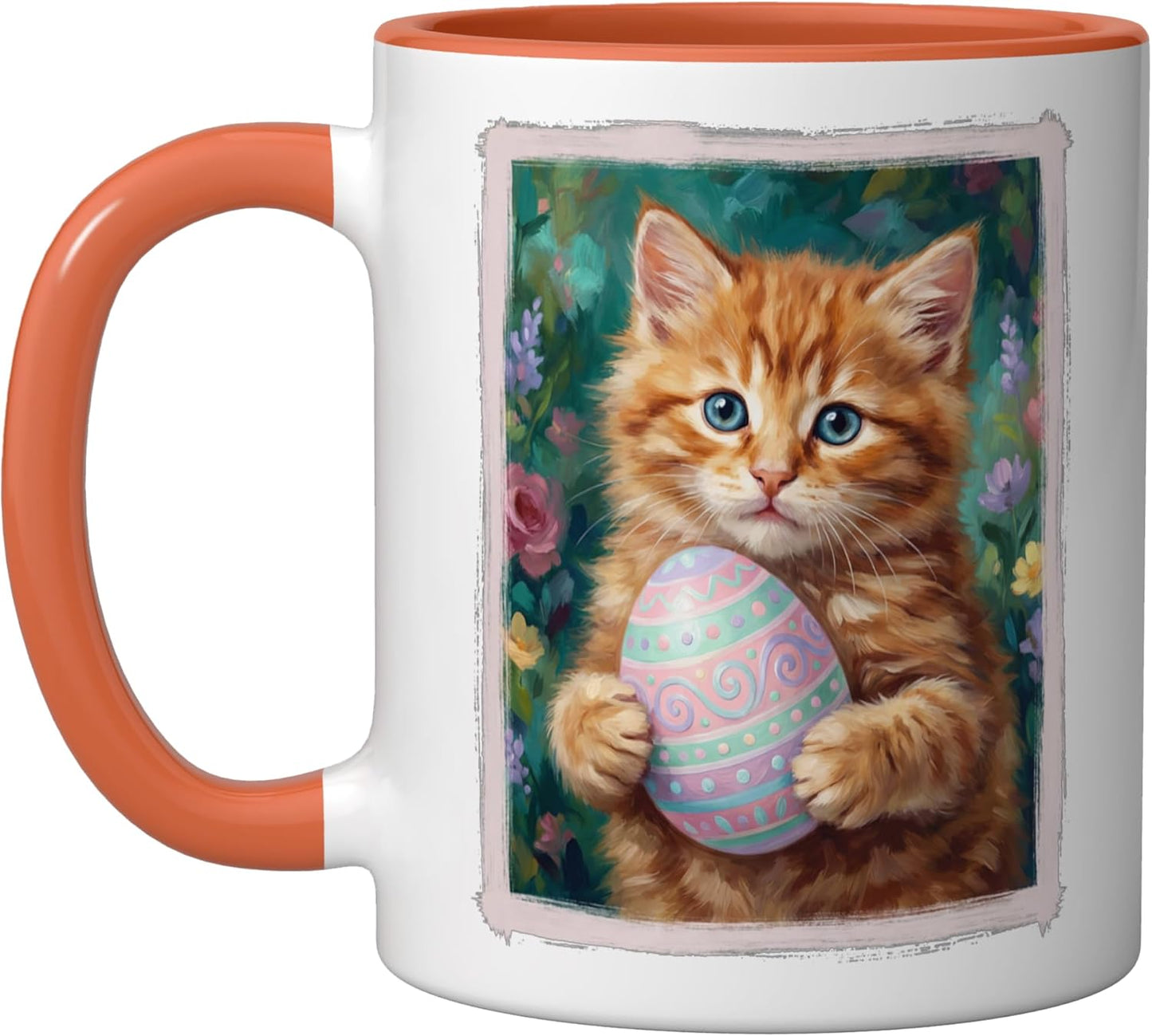 Taza Cerámica Día de Pascua Gato Conejo Naranja/Blanco
