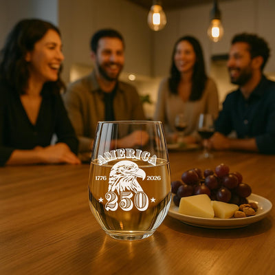 Copa de vino grabada con láser America 250 Eagle Emblem