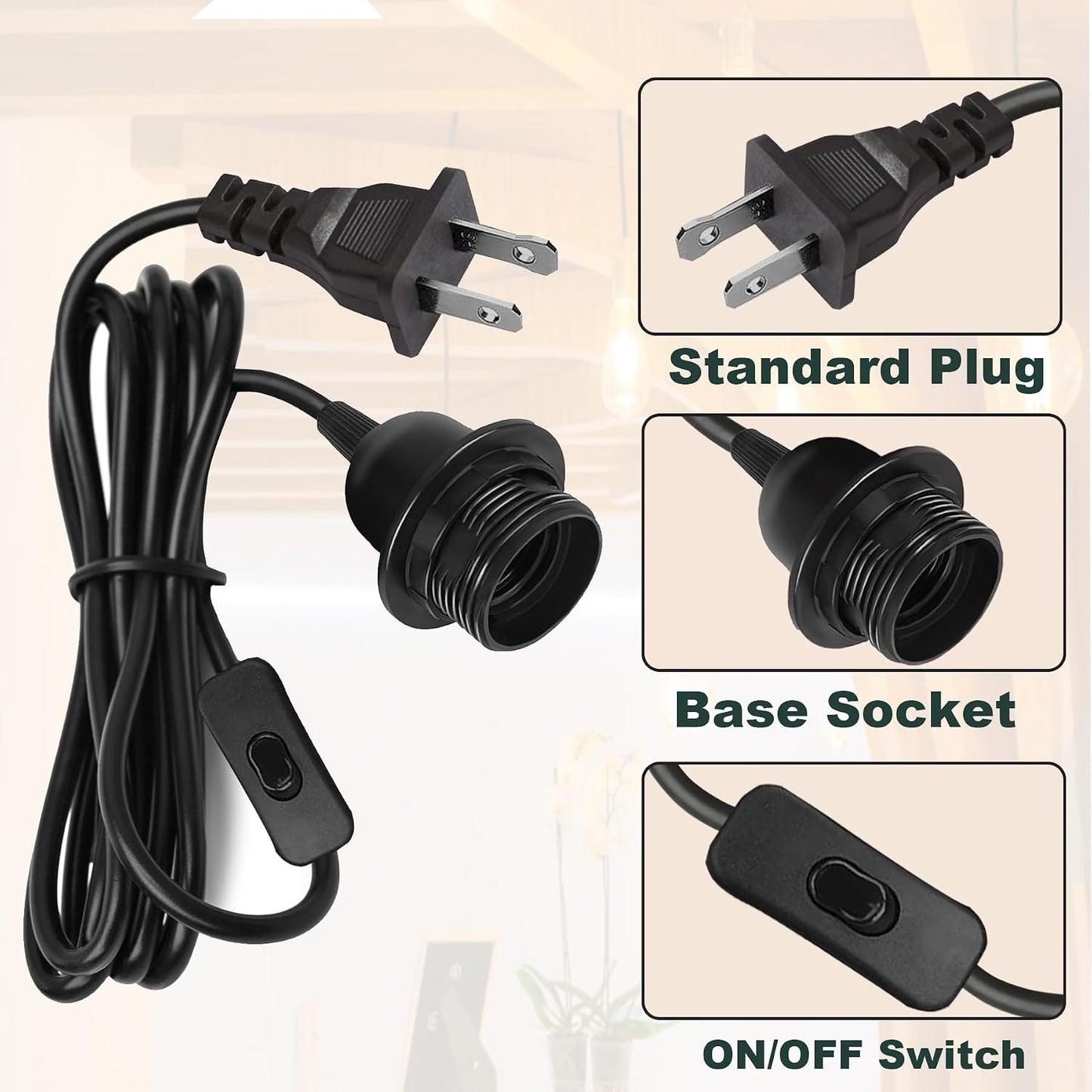 Cable luz colgante 16ft negro con enchufe E26/E27 y interruptor