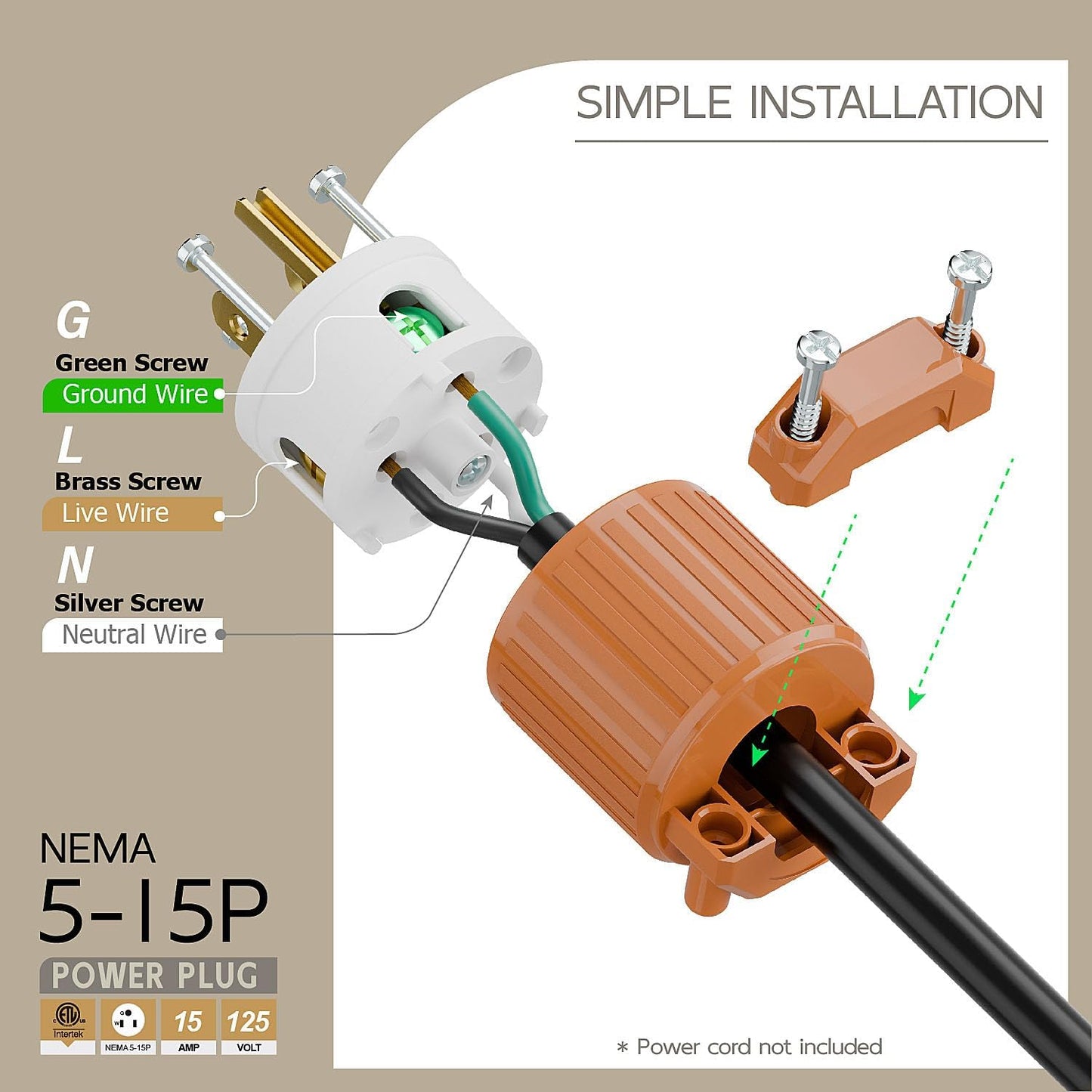 Tomacorriente Nema 5-15P 15A 125V ETL Clase Industrial