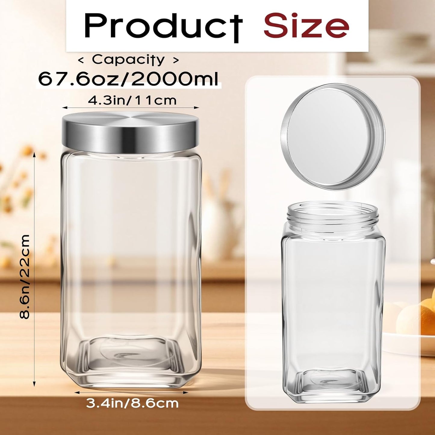 6 Pzas Tarros Vidrio 68oz Tapas Cuarto Galón Herméticas Acero Inox