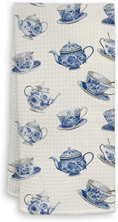 Toallas de cocina chinoiserie azules con taza y tetera decorativas