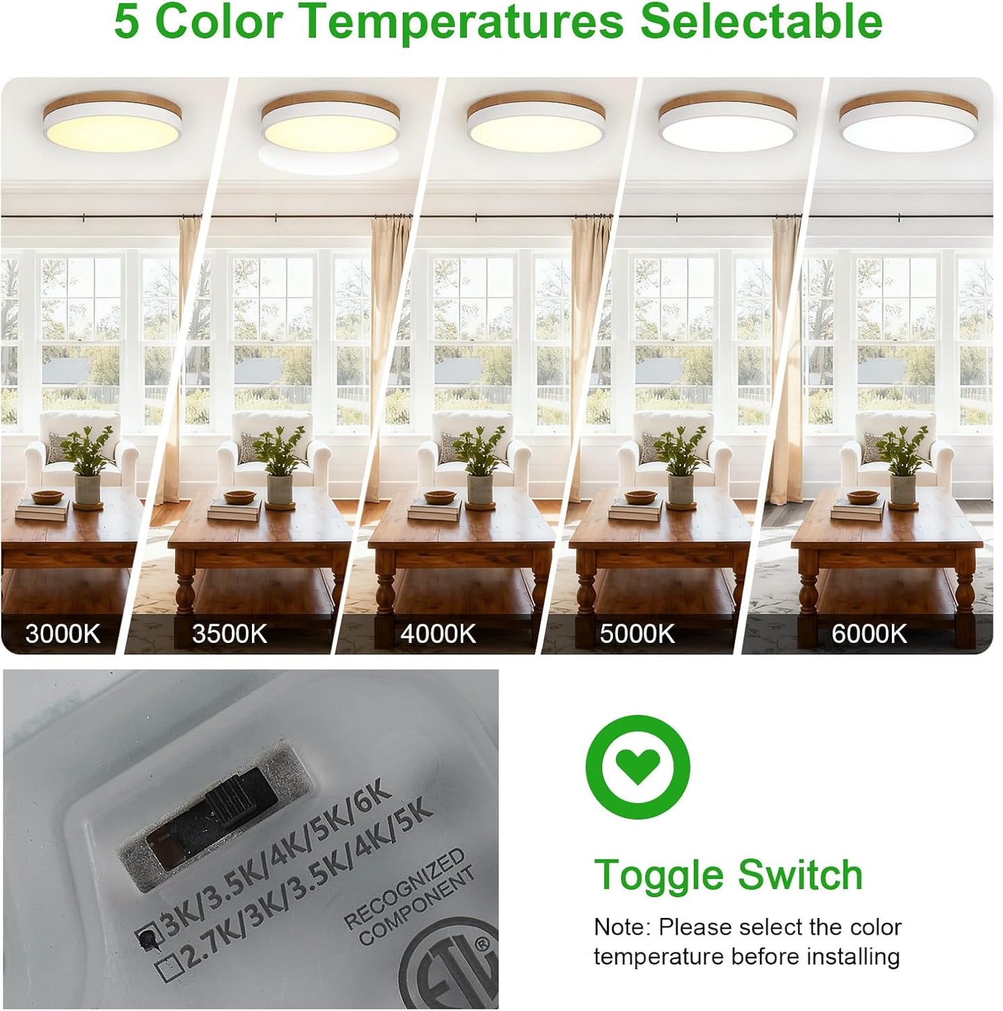 Lámpara techo LED madera 12pulg regulable 3000-6000K dormitorio