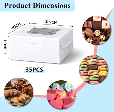 35 Cajas Galletas Blancas 3x3x1.5pulg Ventana Mini Donas Bodas