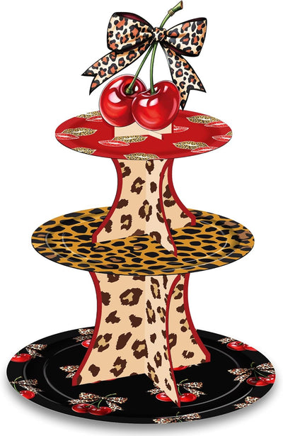 Soporte para cupcakes con lazo de cereza y guepardo rojo y negro 3 niveles