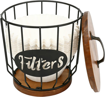Soporte para filtro de café con tapa de madera y cesta de alambre negro para taza K