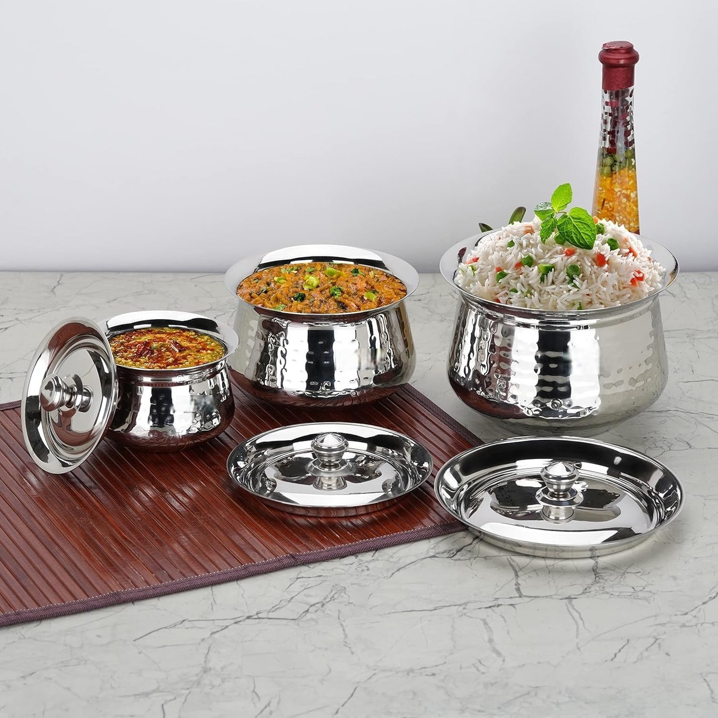 Set 3 Pzas Jarras Acero Inox Martillado Plateado 15.6-57.5oz