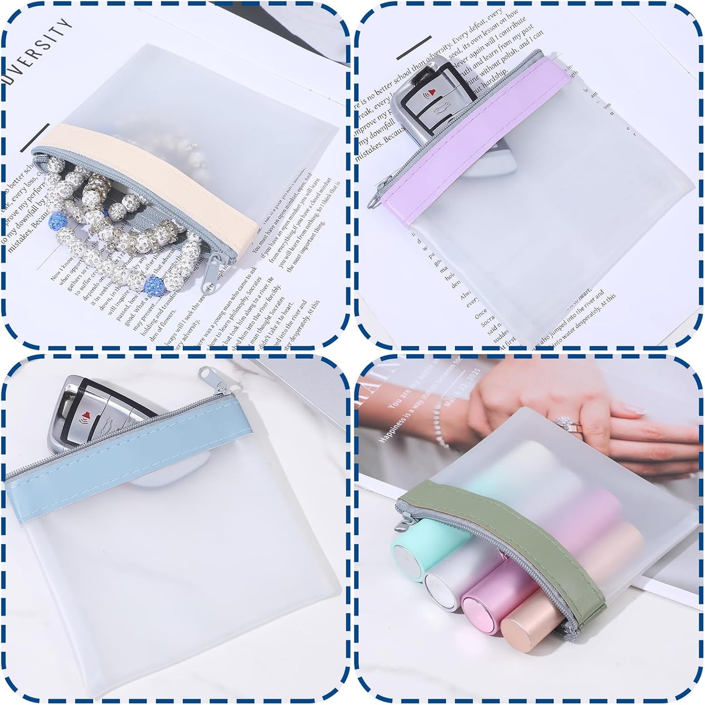 4 Pzas Bolsas Transparentes con Cremallera para Maquillaje y Dinero