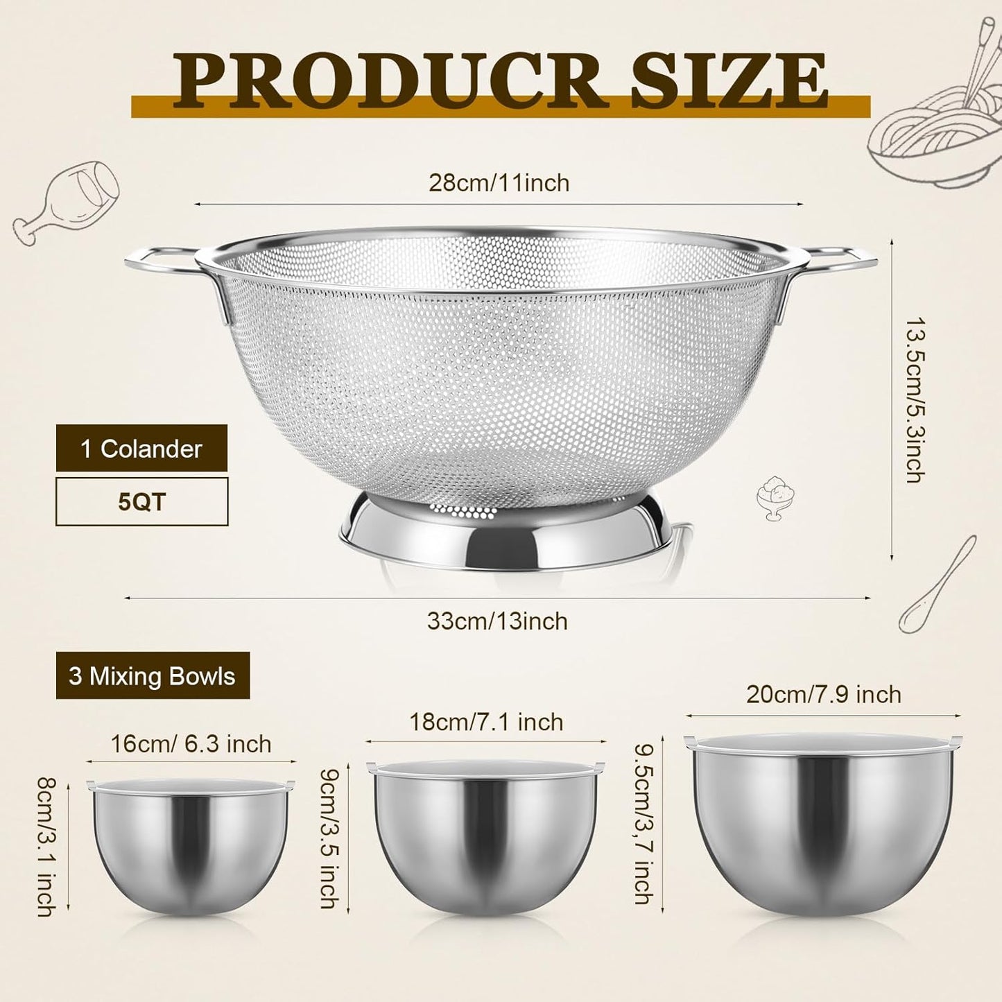 Set 7 Accesorios Cocina Acero Inox Colador Malla Fina