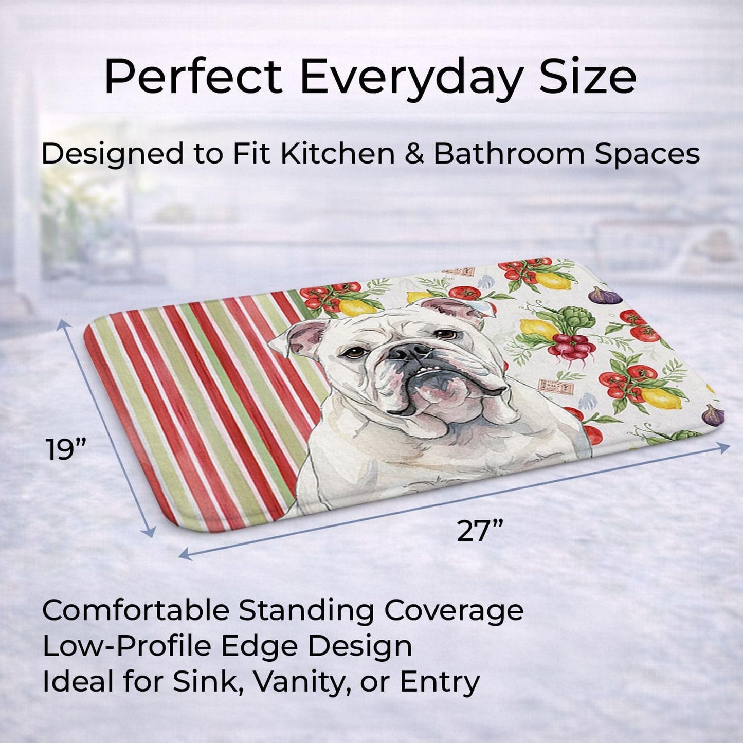 Tapete cocina foam viscoelástico diseño bulldog blanco lavable