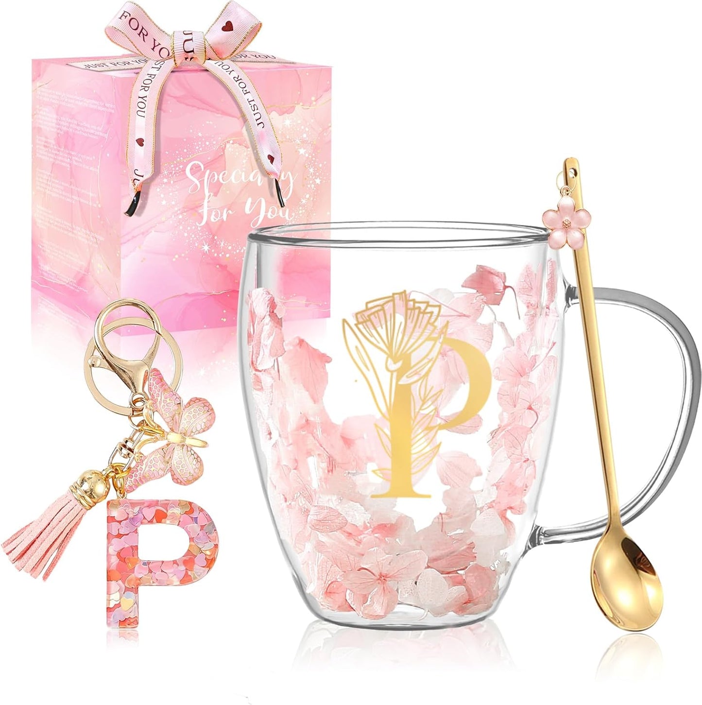 Taza de café de vidrio con flores y monograma para mujer