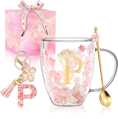 Taza de café de vidrio con flores y monograma para mujer