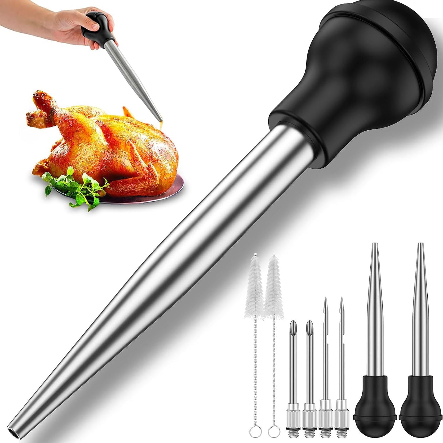Pack 2 Jeringas Acero Inox 4 Agujas Cepillo Barbacoa