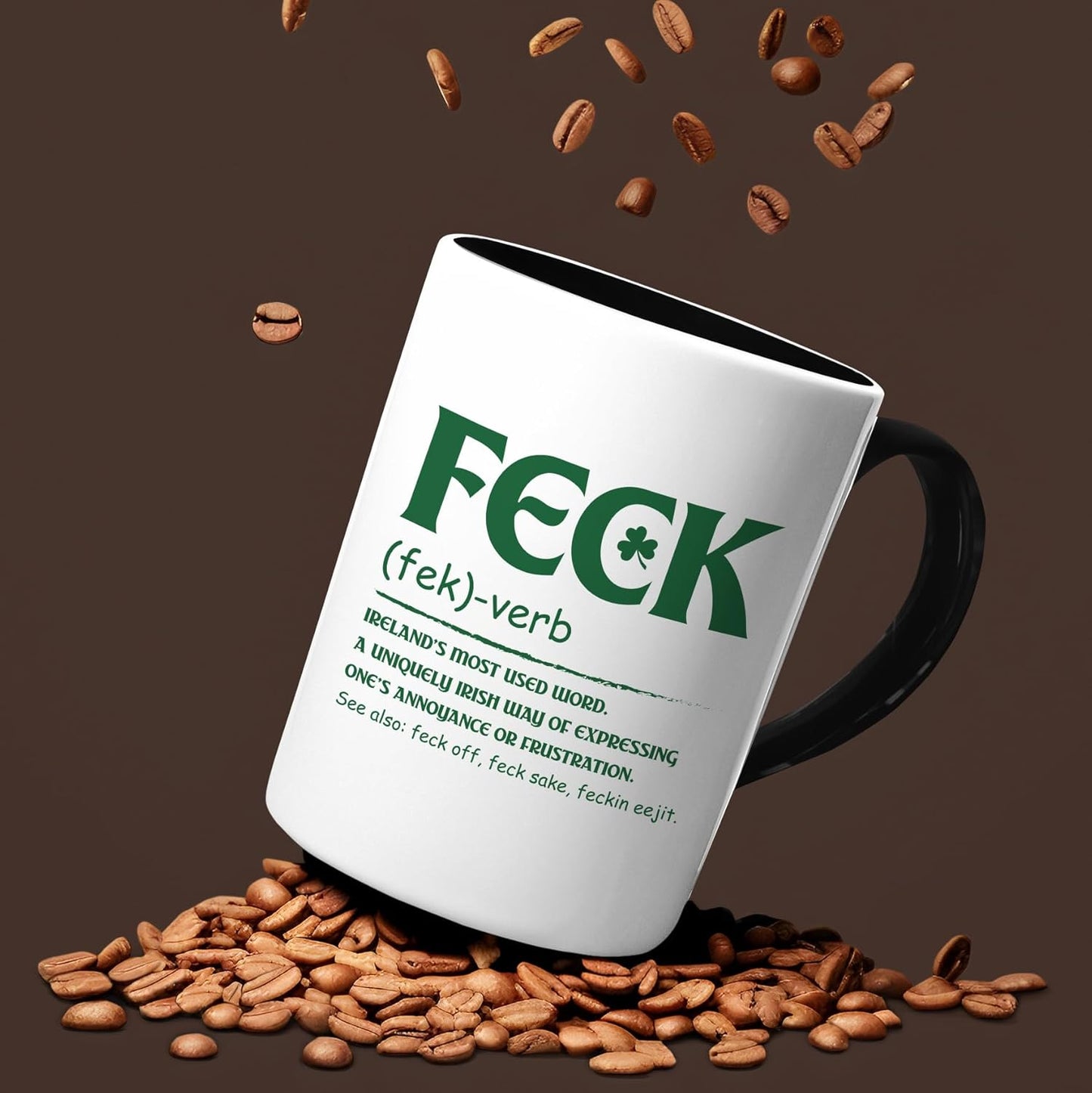 Taza de café de cerámica Veracco Irish Feck Definition 15 oz blanco con mango negro
