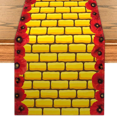 Camino de mesa de ladrillo amarillo, pared de piedra, flor roja, decoración de Halloween