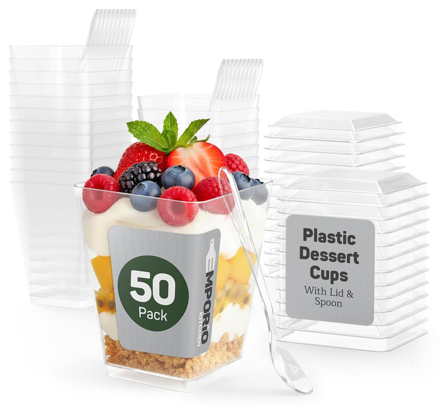 Vasos de postre de plástico con tapas y cucharas juego de 50