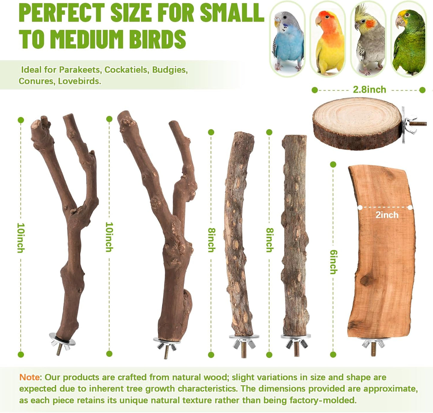 6 Pzas Perchas Madera Natural para Pájaros con Ramas y Plataformas