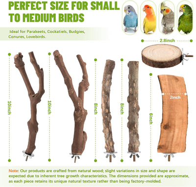 6 Pzas Perchas Madera Natural para Pájaros con Ramas y Plataformas