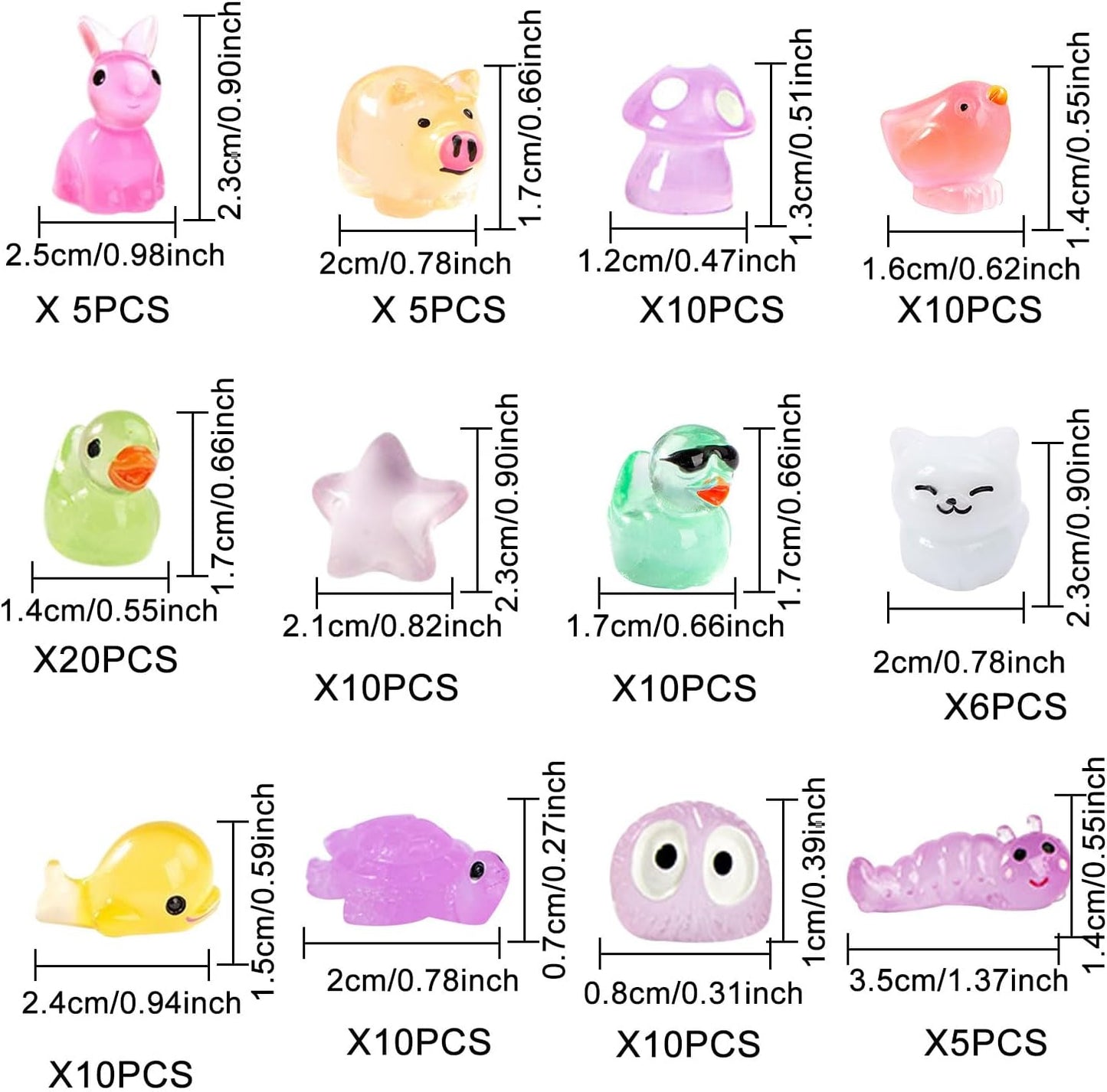 110 Pzas Mini Animales Resina Brillan Oscuridad
