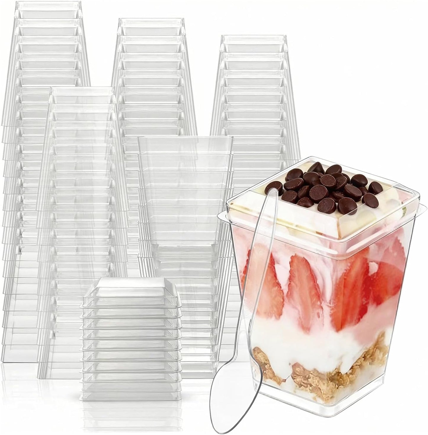 Paquete de 50 tazas de postre plástico transparente con tapas y cucharas