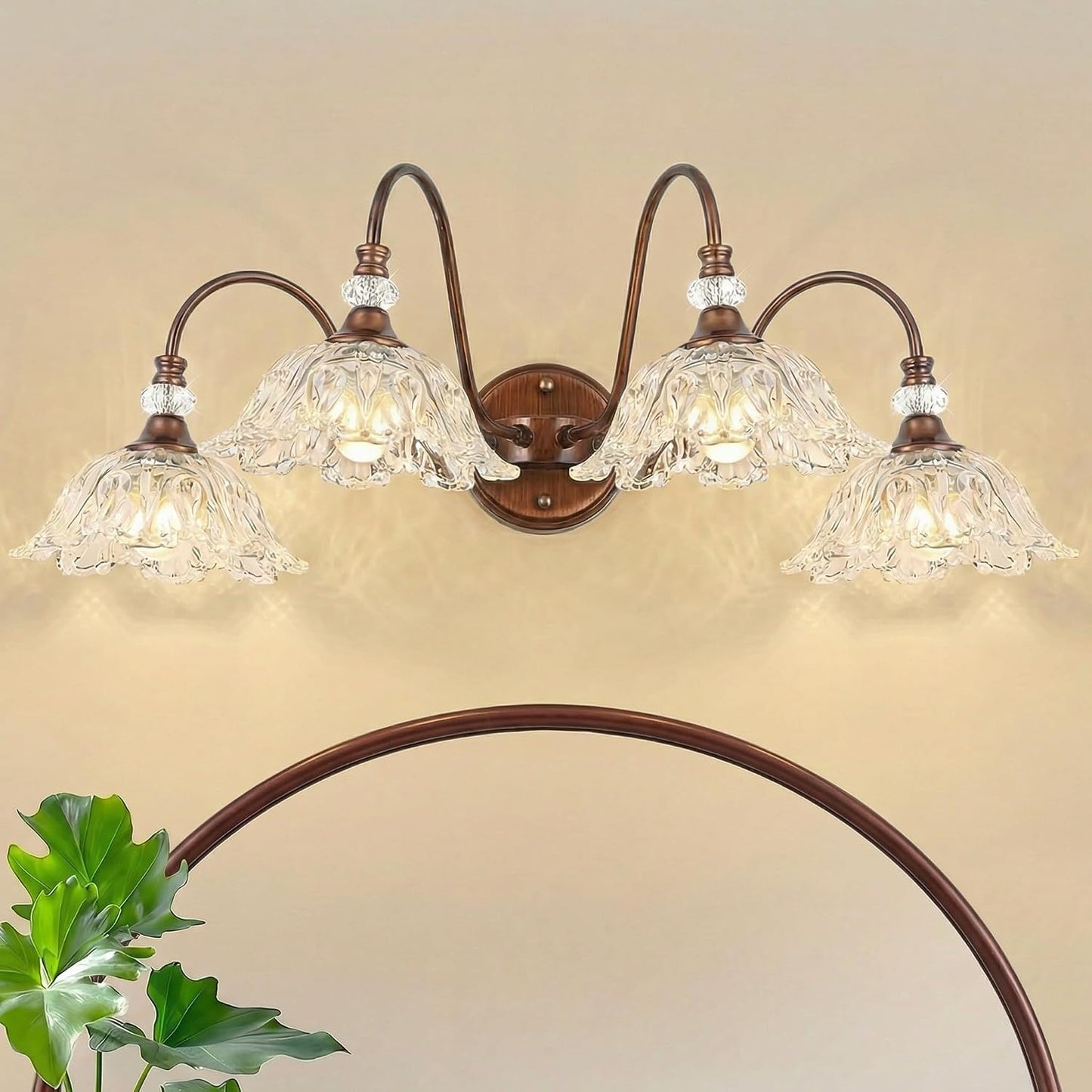 Lámpara baño bronce rojo antiguo 4 luces vidrio floral