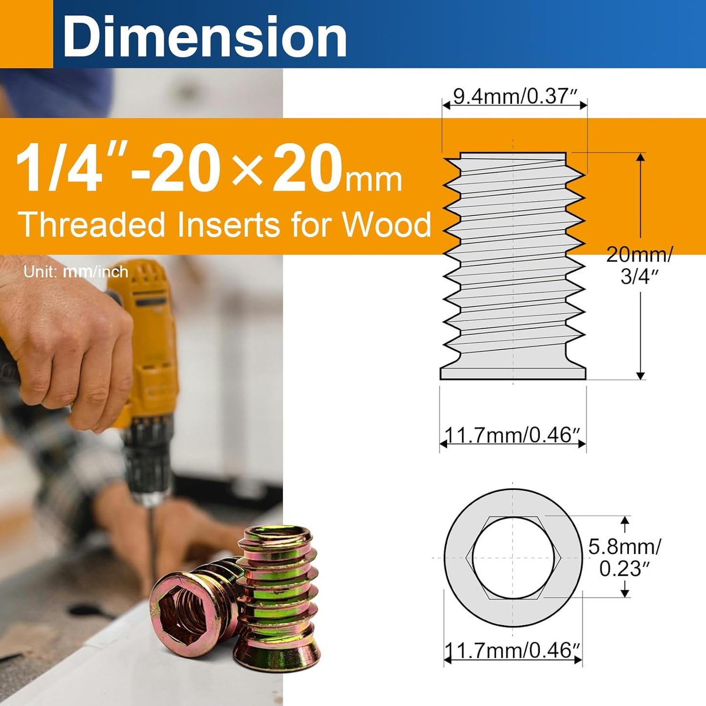 Insertos roscados 1/4-0.787 pulg para madera set 28