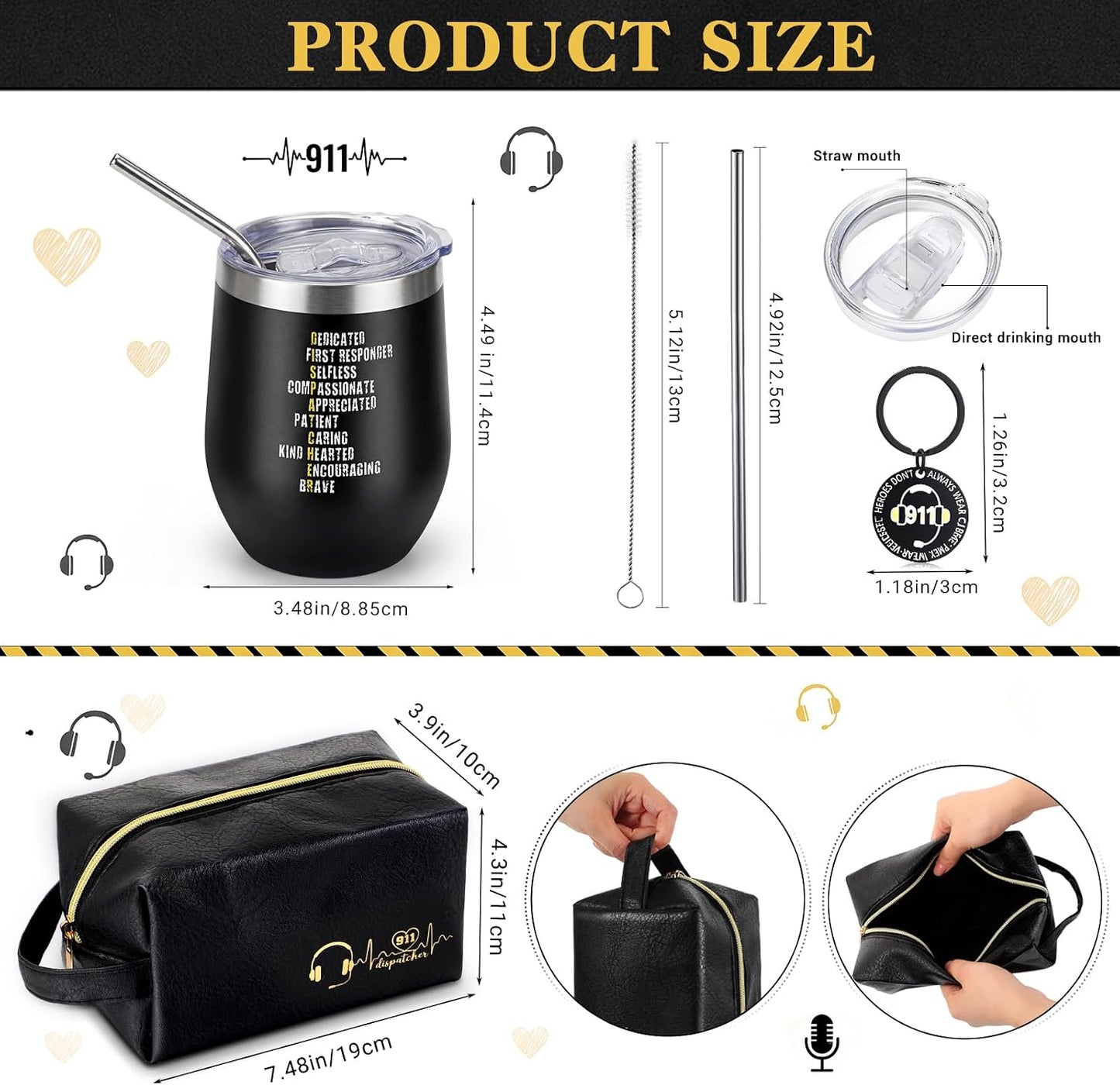 Set 3 artículos aseo cuero vaso acero inox 12oz llavero negro
