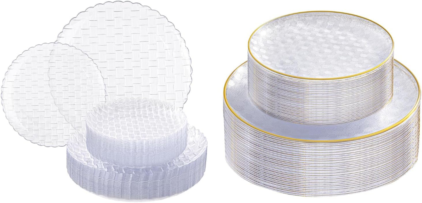 60 Pzas Platos Plástico Transparente con Diseño Dorado y Marrón