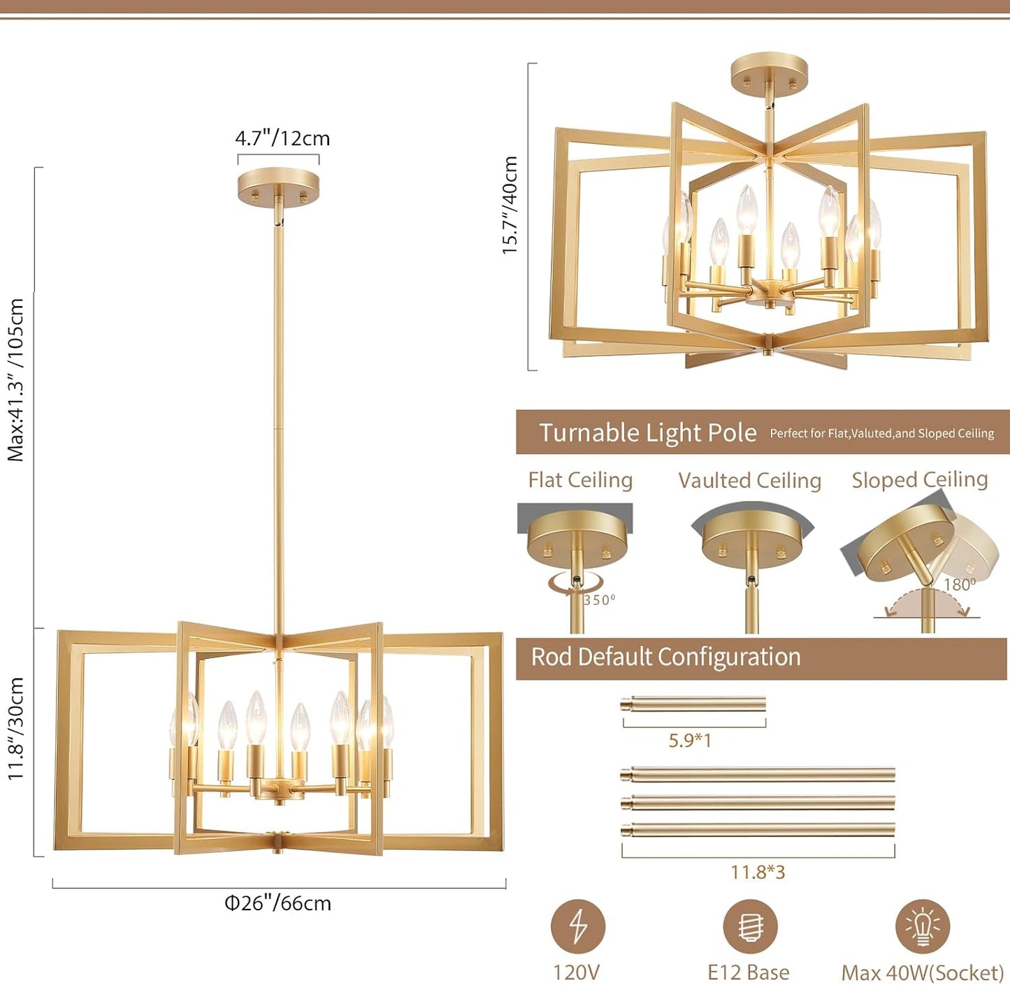 Candelabro dorado 8 luces lámpara geométrica metal moderno