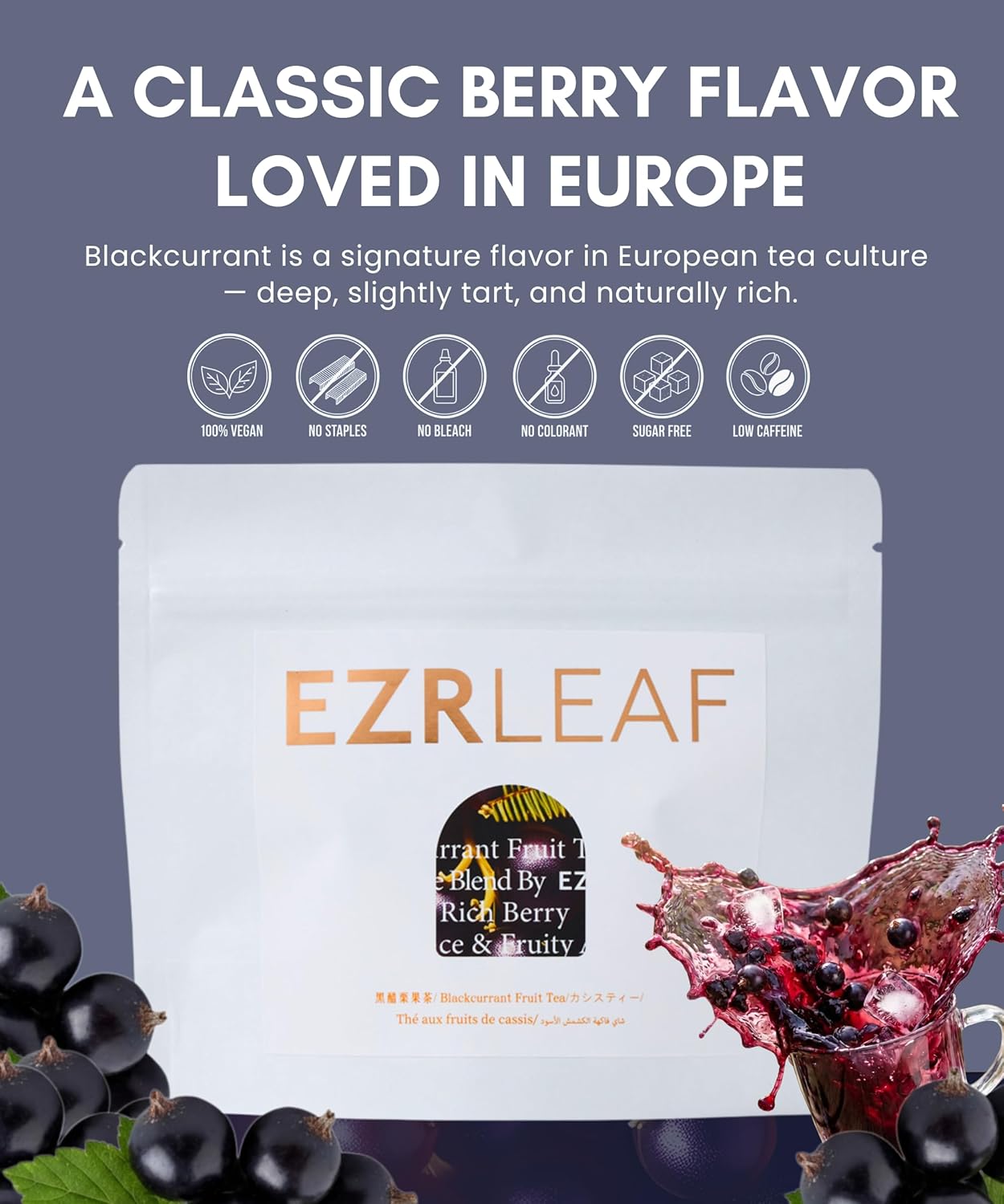 Té de hoja entera Blackcurrant Fruit Black Tea 12 bolsitas pirámide