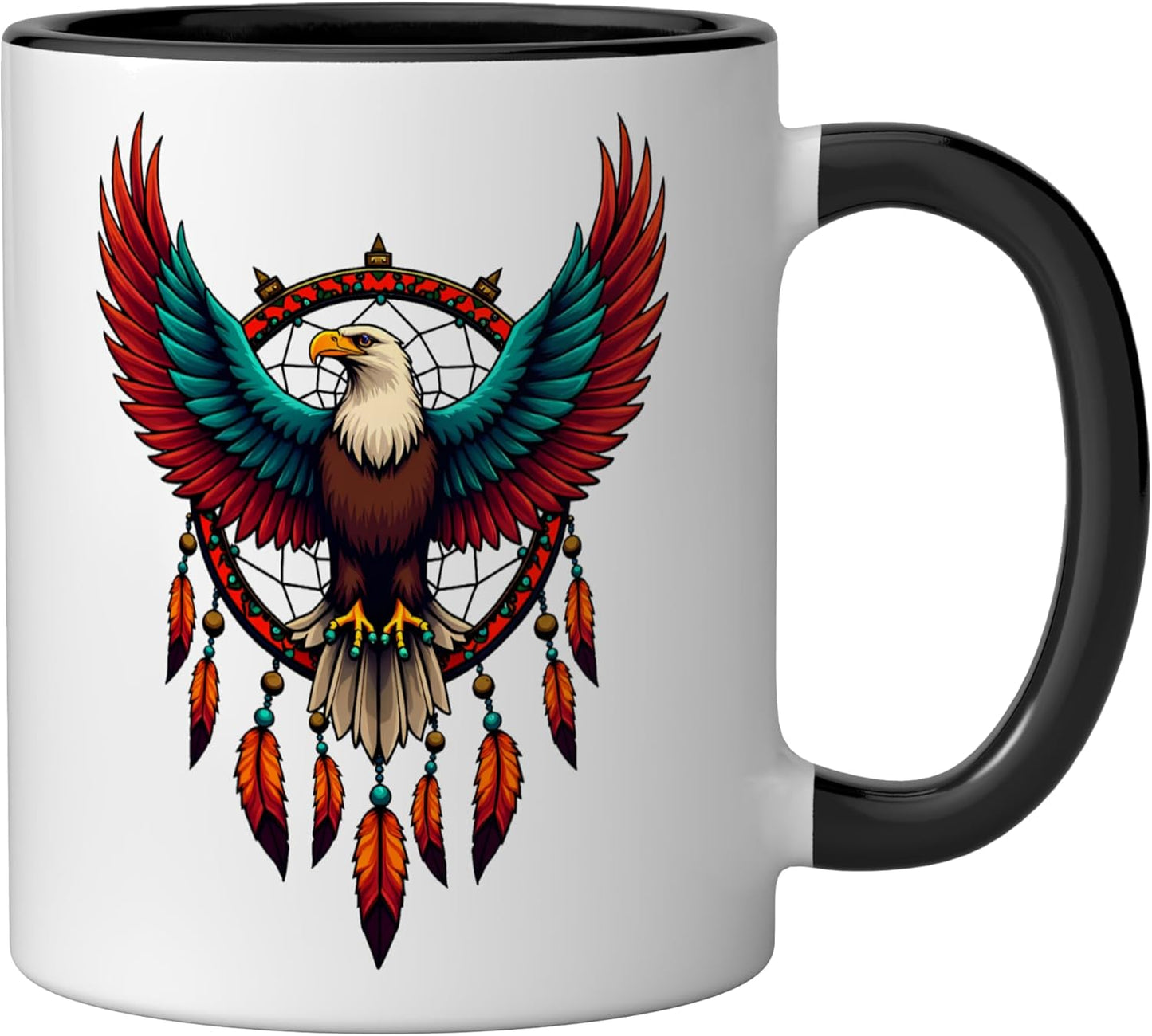 Taza cerámica Eagle Dreamcatcher con plumas nativas en negro/blanco