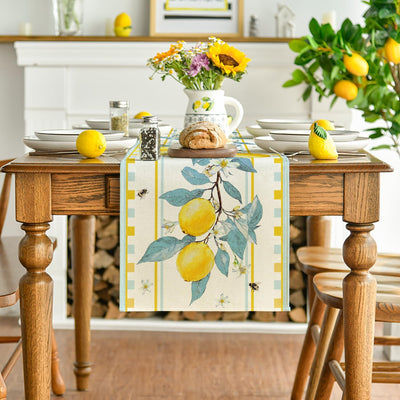Camino de mesa azul claro con árbol de limón, flor y abeja para decoración de comedor