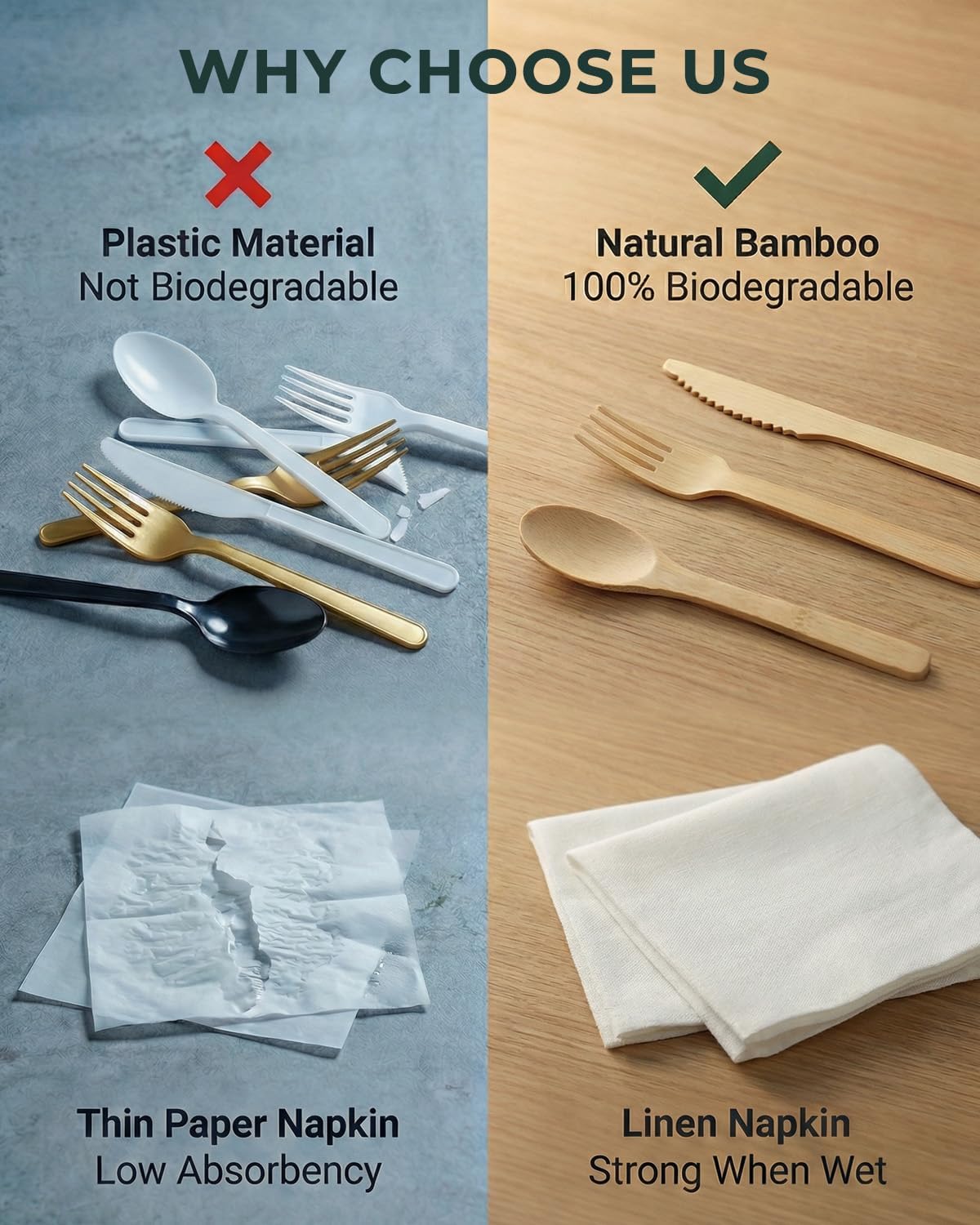 100 Cubiertos Bambú con Servilletas Airlaid Tacto Lino Compostables