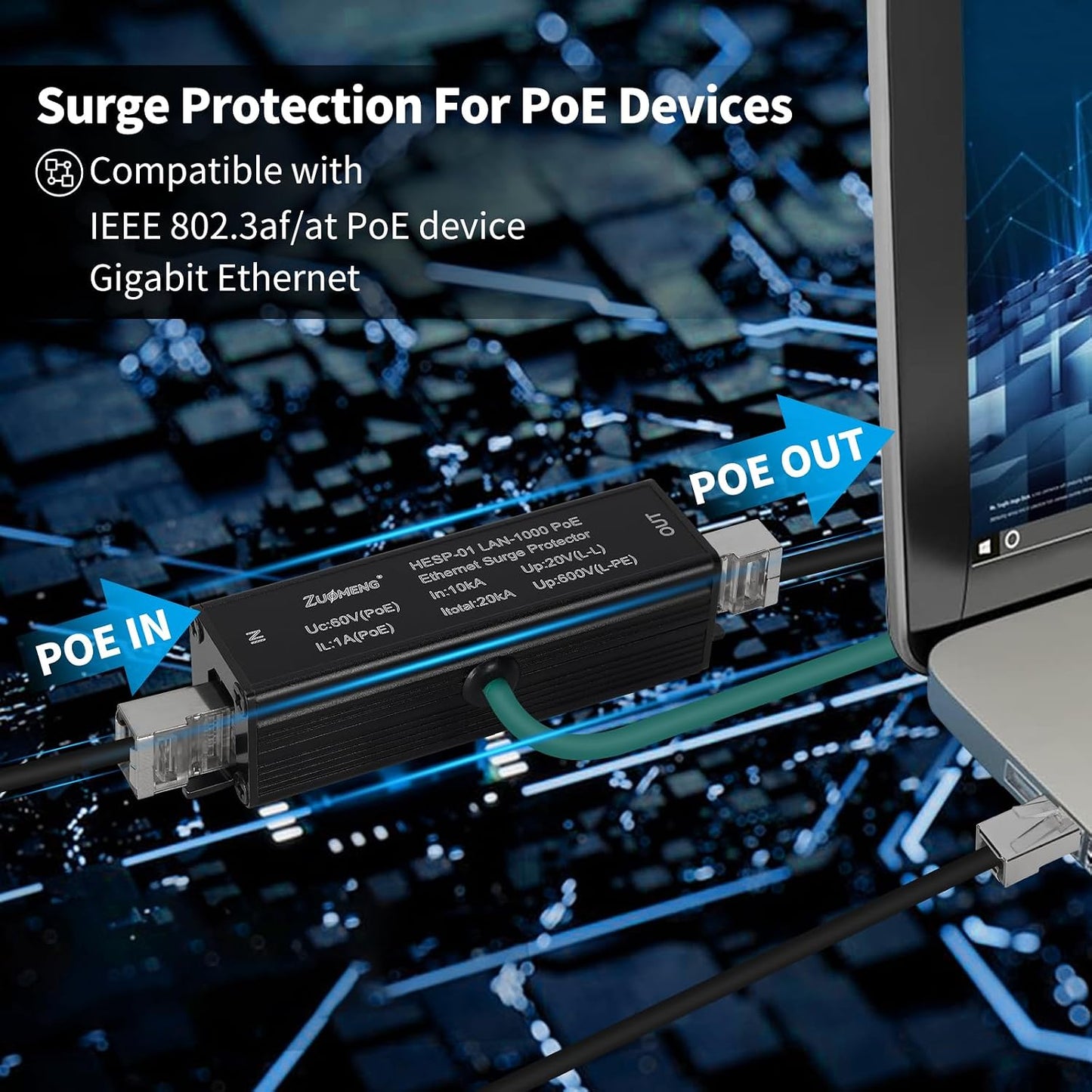 2 Pzas Protector Sobretensión Ethernet Blindado RJ45 PoE CAT5 CAT6