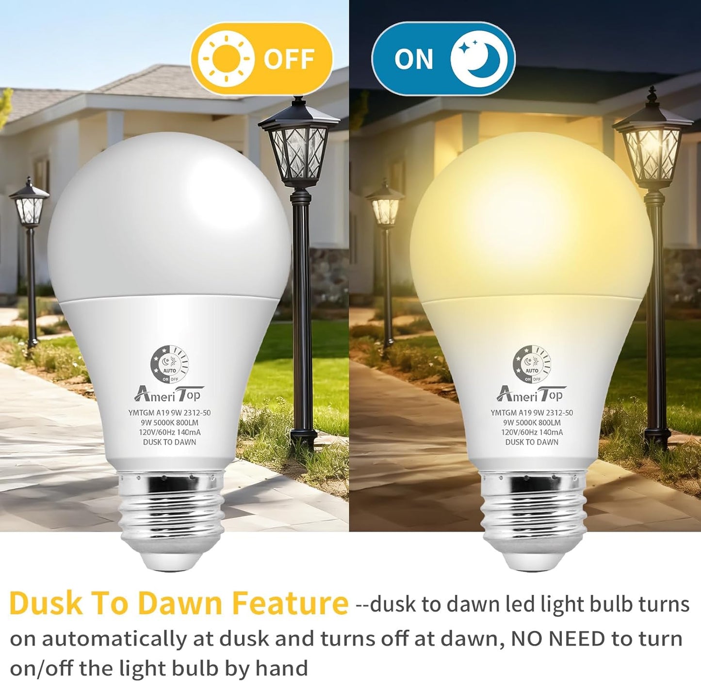 Bombilla LED A19 sensor amanecer/atrasar 3 pzas 800lm 9W