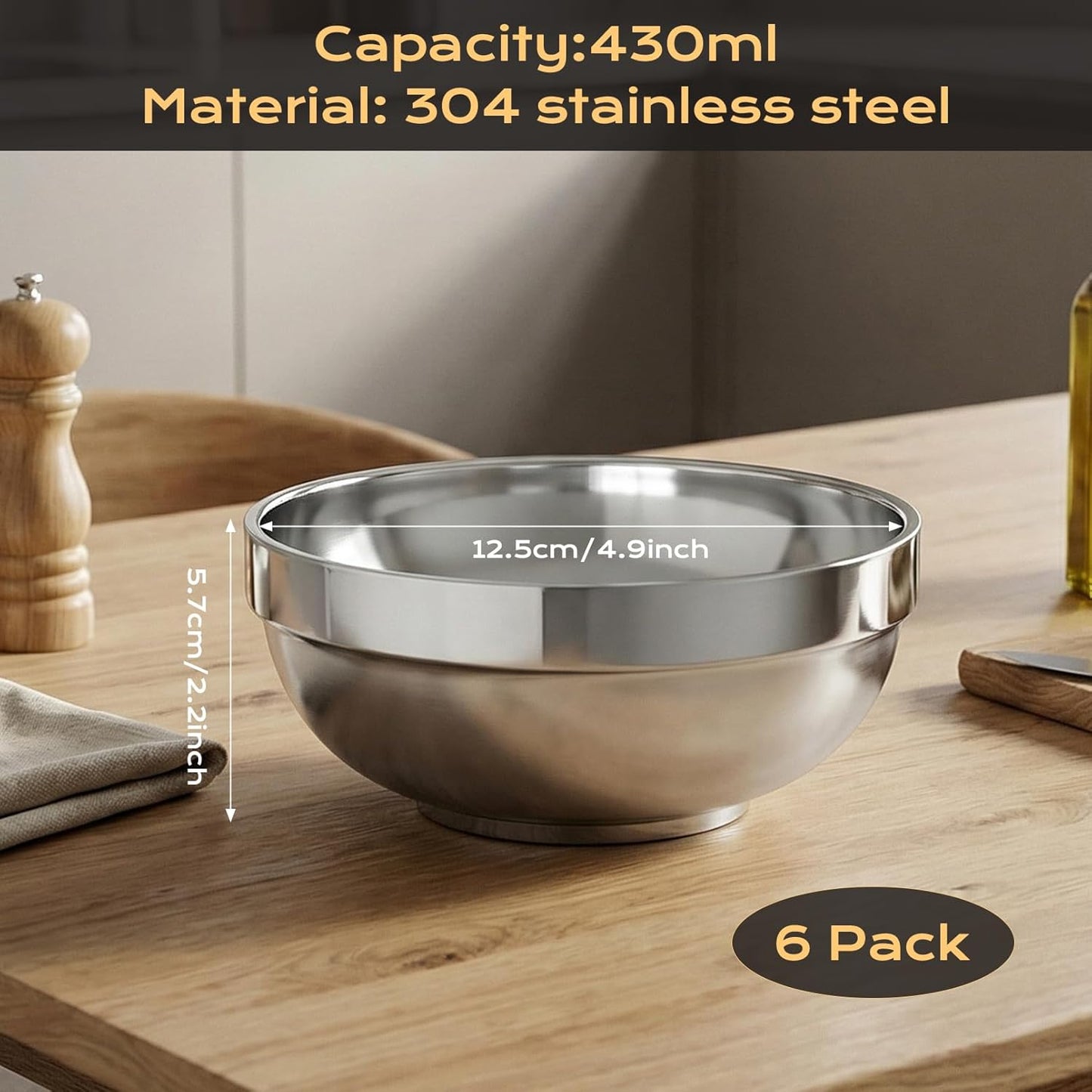 Paquete de 6 cuencos de acero inoxidable aislados doble pared 15 oz para sopa, arroz, cereales y aperitivos
