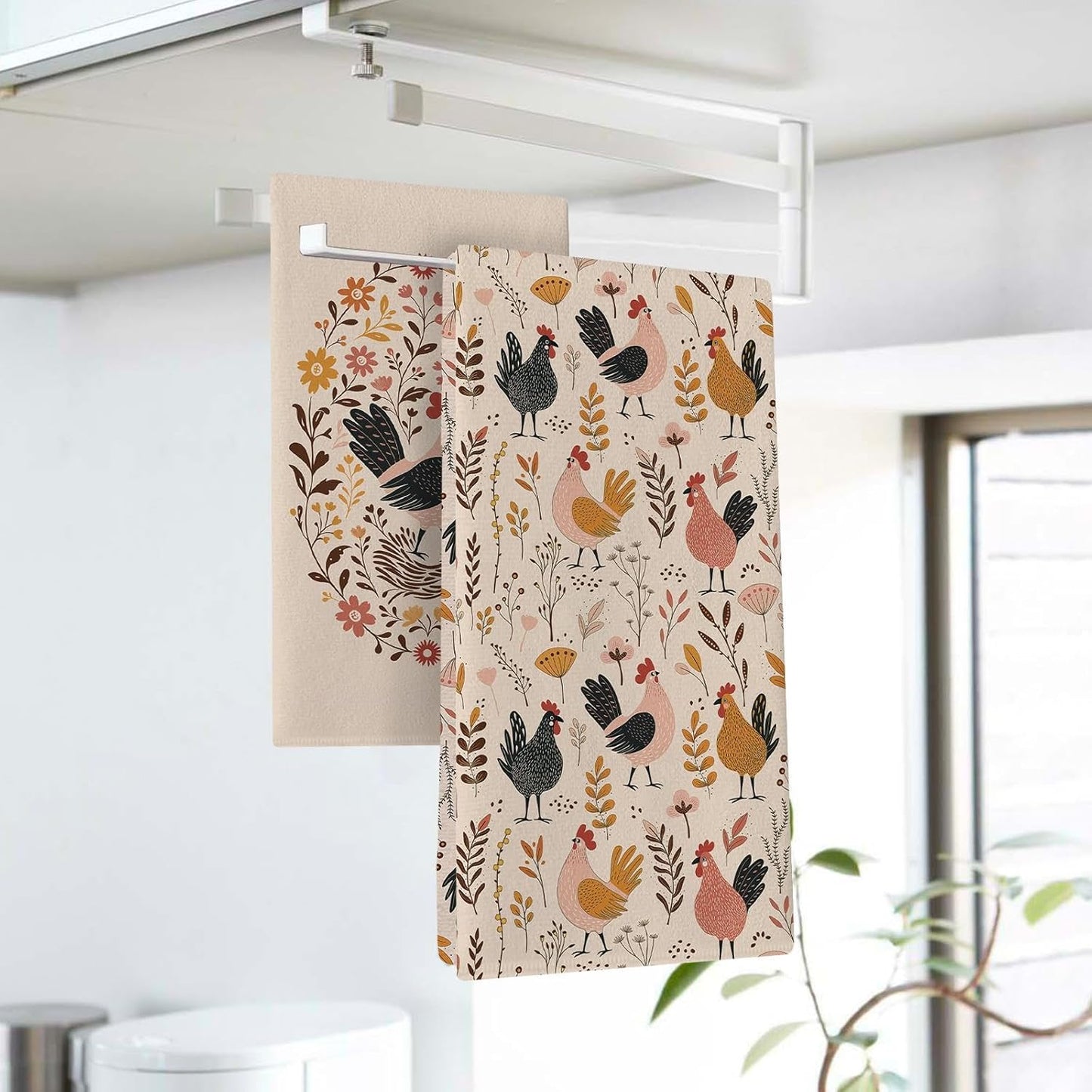 Juego de 2 paños de cocina vintage con diseño floral de pollo y hojas