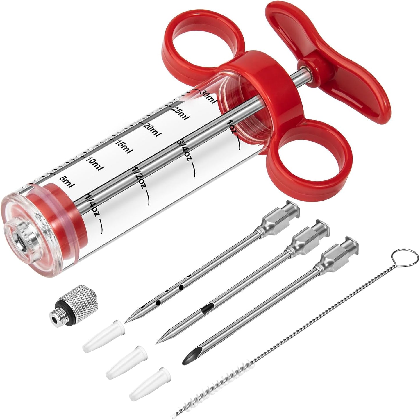 Inyector carne 1oz 3 agujas para parrilla rojo con cepillo