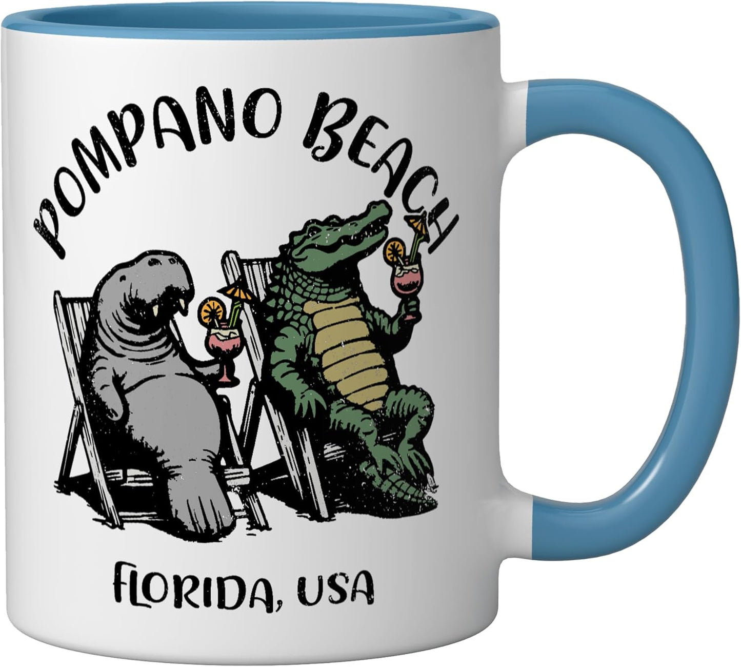 Taza cerámica Pompano Beach con diseño manatí y cocodrilo azul/blanco