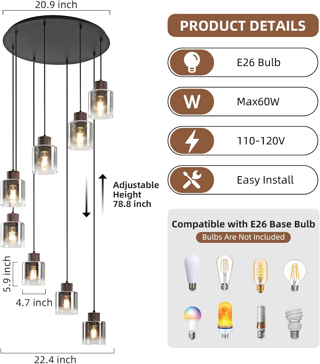 Candelabro 8 luces colgante madera nogal vidrio negro